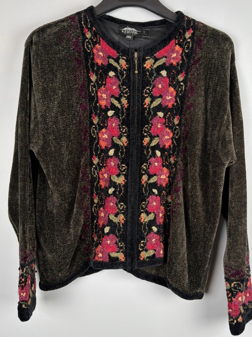 Vintage Icelandic Design Cardigan Women L Green Floral Knit Cottagecore Chenille